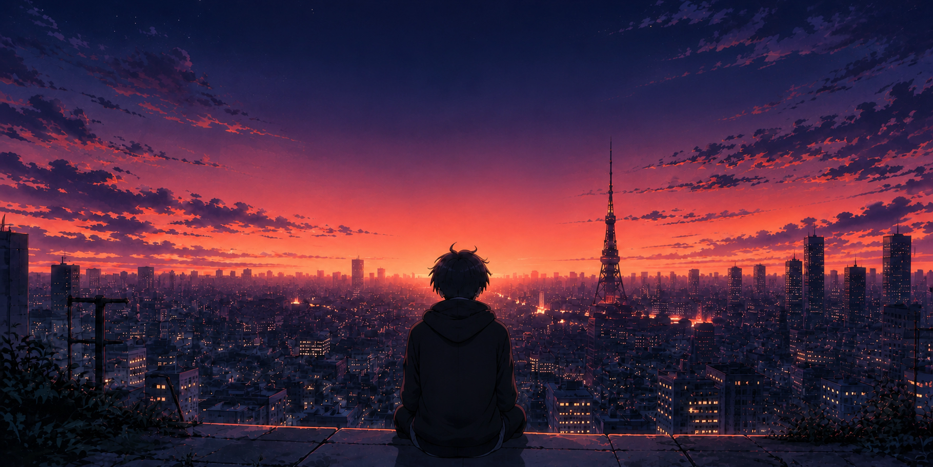 Anime character overlooking a city at sunset